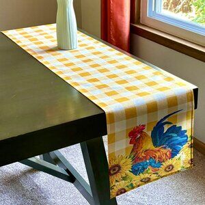Colorful Farmhouse Country Rooster Yellow Buffalo Check 72" Table Runner